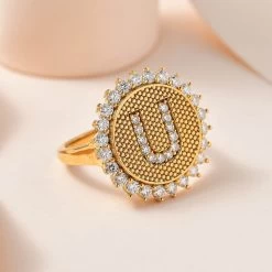 Moissanite Initial U Ring In Vermeil YG Over Sterling Silver 0.70 Ctw 9 Moissanite Initial U Ring In Vermeil YG Over Sterling Silver 0.70 Ctw -Jewelry store 7552088 1