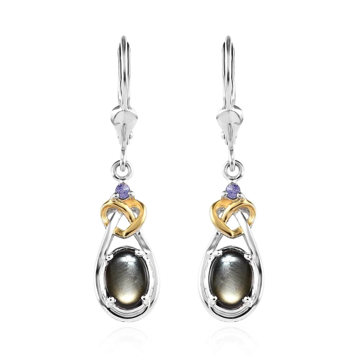 Bankacha Natural Black Star Sapphire And Tanzanite Dangling Earrings In Vermeil Yellow Gold And Platinum Over Sterling Silver 2.60 Ctw 3 Bankacha Natural Black Star Sapphire And Tanzanite Dangling Earrings In Vermeil Yellow Gold And Platinum Over Sterling Silver 2.60 Ctw