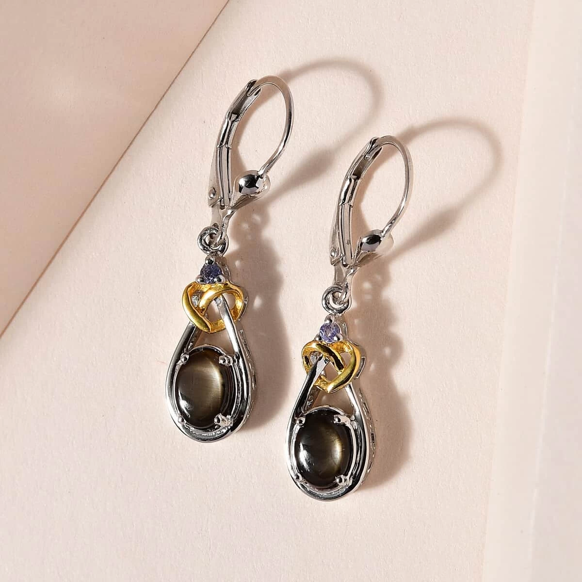 Bankacha Natural Black Star Sapphire And Tanzanite Dangling Earrings In Vermeil Yellow Gold And Platinum Over Sterling Silver 2.60 Ctw 4 Bankacha Natural Black Star Sapphire And Tanzanite Dangling Earrings In Vermeil Yellow Gold And Platinum Over Sterling Silver 2.60 Ctw - Image 2