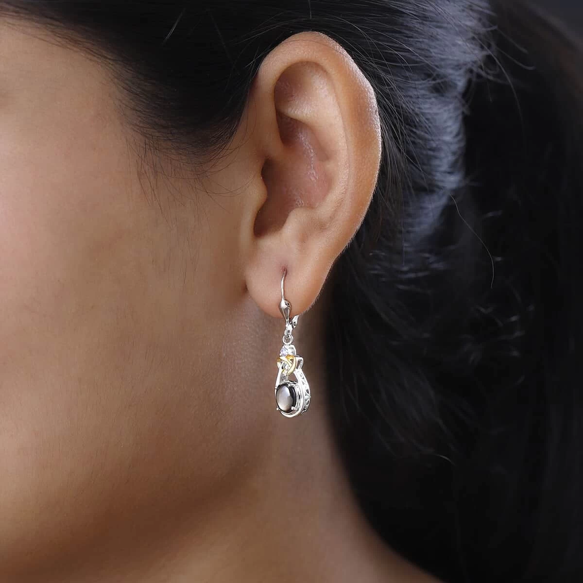 Bankacha Natural Black Star Sapphire And Tanzanite Dangling Earrings In Vermeil Yellow Gold And Platinum Over Sterling Silver 2.60 Ctw 5 Bankacha Natural Black Star Sapphire And Tanzanite Dangling Earrings In Vermeil Yellow Gold And Platinum Over Sterling Silver 2.60 Ctw - Image 3