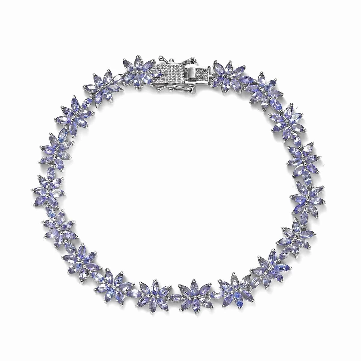 Tanzanite Floral Link Bracelet In Platinum Over Sterling Silver (8.00 In) 12.00 Ctw 3 Tanzanite Floral Link Bracelet In Platinum Over Sterling Silver (8.00 In) 12.00 Ctw