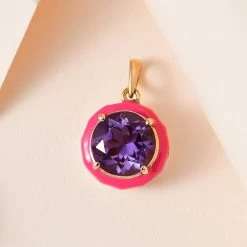 Doorbuster Amethyst And Moissanite Pink Enameled Pendant In Vermeil Yellow Gold Over Sterling Silver 3.60 Ctw 9 Doorbuster Amethyst And Moissanite Pink Enameled Pendant In Vermeil Yellow Gold Over Sterling Silver 3.60 Ctw -Jewelry store 7554315 1