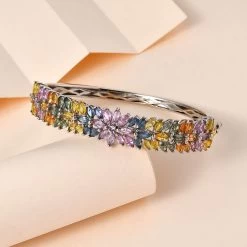 Multi Sapphire Floral Spray Bangle Bracelet In Platinum Over Sterling Silver (7.25 In) 14.15 Ctw -Jewelry store 7555276 1