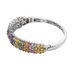 Multi Sapphire Floral Spray Bangle Bracelet In Platinum Over Sterling Silver (7.25 In) 14.15 Ctw -Jewelry store 7555276 3