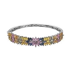 Multi Sapphire Floral Spray Bangle Bracelet In Platinum Over Sterling Silver (8.00 In) 14.15 Ctw