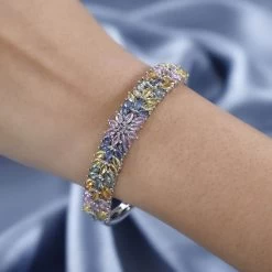 Multi Sapphire Floral Spray Bangle Bracelet In Platinum Over Sterling Silver (8.00 In) 14.15 Ctw -Jewelry store 7555319 2
