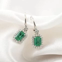 14K White Gold Emerald And G-H I2 Diamond Lever Back Earrings 2.10 Ctw -Jewelry store 7555945 1