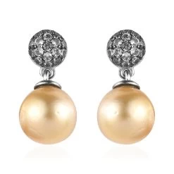 South Sea Golden Pearl And Brown Zircon Drop Earrings In Platinum Over Sterling Silver 0.50 Ctw