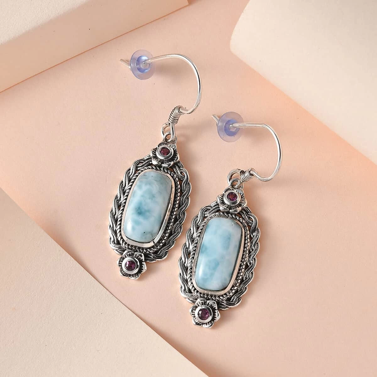 Artisan Crafted Larimar And Orissa Rhodolite Garnet Lever Back Earrings In Sterling Silver 8.60 Ctw 4 Artisan Crafted Larimar And Orissa Rhodolite Garnet Lever Back Earrings In Sterling Silver 8.60 Ctw - Image 2