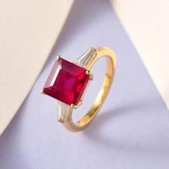 Asscher Cut Niassa Ruby (FF) And White Zircon Trilogy Ring In Vermeil Yellow Gold Over Sterling Silver 4.15 Ctw -Jewelry store 7557712 1