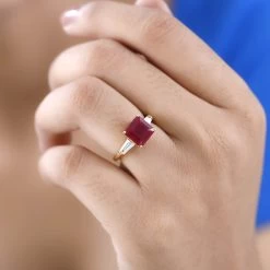 Asscher Cut Niassa Ruby (FF) And White Zircon Trilogy Ring In Vermeil Yellow Gold Over Sterling Silver 4.15 Ctw -Jewelry store 7557712 2