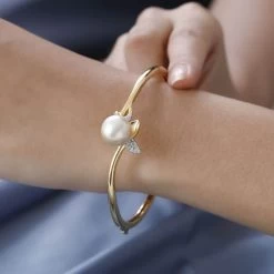South Sea Golden Pearl And White Zircon Bangle Bracelet In Vermeil Yellow Gold Over Sterling Silver (7.25 In) 0.25 Ctw -Jewelry store 7558980 2