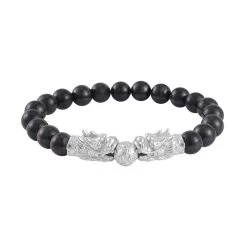Shungite Beaded Stretch Bracelet With Dragon Charm In Rhodium Over Sterling Silver 66.70 Ctw