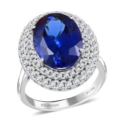 Certified And Appraised Rhapsody 950 Platinum AAAA Tanzanite And E-F VS Diamond Double Halo Ring 8.90 Grams 8.00 Ctw