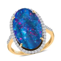 Luxoro 14K Yellow Gold AAA Boulder Opal Doublet And Diamond Halo Ring 6.75 Ctw