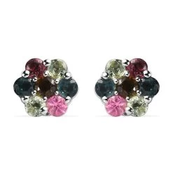 Multi-Tourmaline Floral Stud Earrings In Platinum Over Sterling Silver 1.00 Ctw