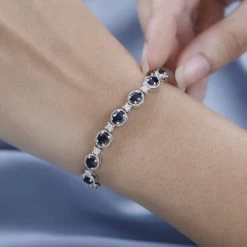Madagascar Blue Sapphire (DF) And White Zircon Bracelet In Platinum Over Sterling Silver (7.25 In) 10.80 Ctw -Jewelry store 7563424 2