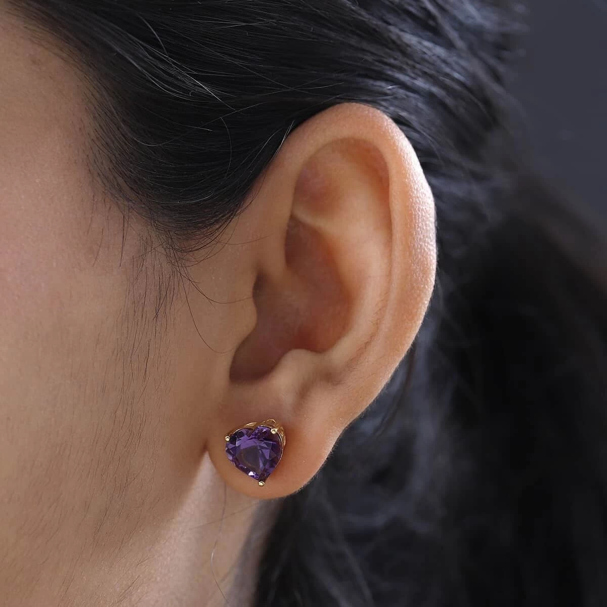 Amethyst Heart Stud Earrings In Vermeil Yellow Gold Over Sterling Silver 5.10 Ctw 5 Amethyst Heart Stud Earrings In Vermeil Yellow Gold Over Sterling Silver 5.10 Ctw - Image 3