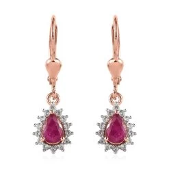 Mozambique Ruby And White Zircon Lever Back Earrings In Vermeil Rose Gold Over Sterling Silver 1.40 Ctw