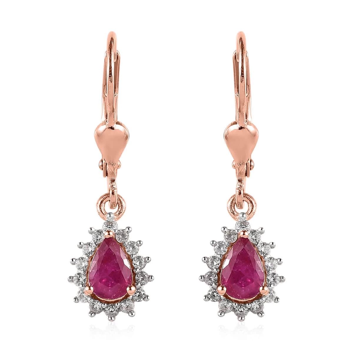 Mozambique Ruby And White Zircon Lever Back Earrings In Vermeil Rose Gold Over Sterling Silver 1.40 Ctw 3 Mozambique Ruby And White Zircon Lever Back Earrings In Vermeil Rose Gold Over Sterling Silver 1.40 Ctw