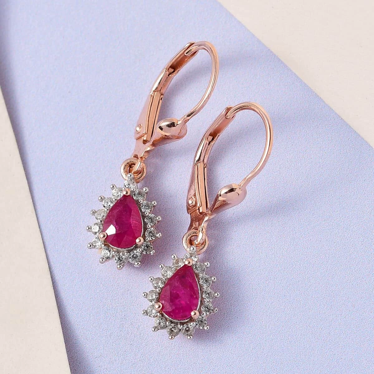 Mozambique Ruby And White Zircon Lever Back Earrings In Vermeil Rose Gold Over Sterling Silver 1.40 Ctw 4 Mozambique Ruby And White Zircon Lever Back Earrings In Vermeil Rose Gold Over Sterling Silver 1.40 Ctw - Image 2