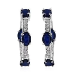 Madagascar Blue Sapphire (DF) And White Zircon Hoop Earrings In Platinum Over Sterling Silver 4.85 Ctw