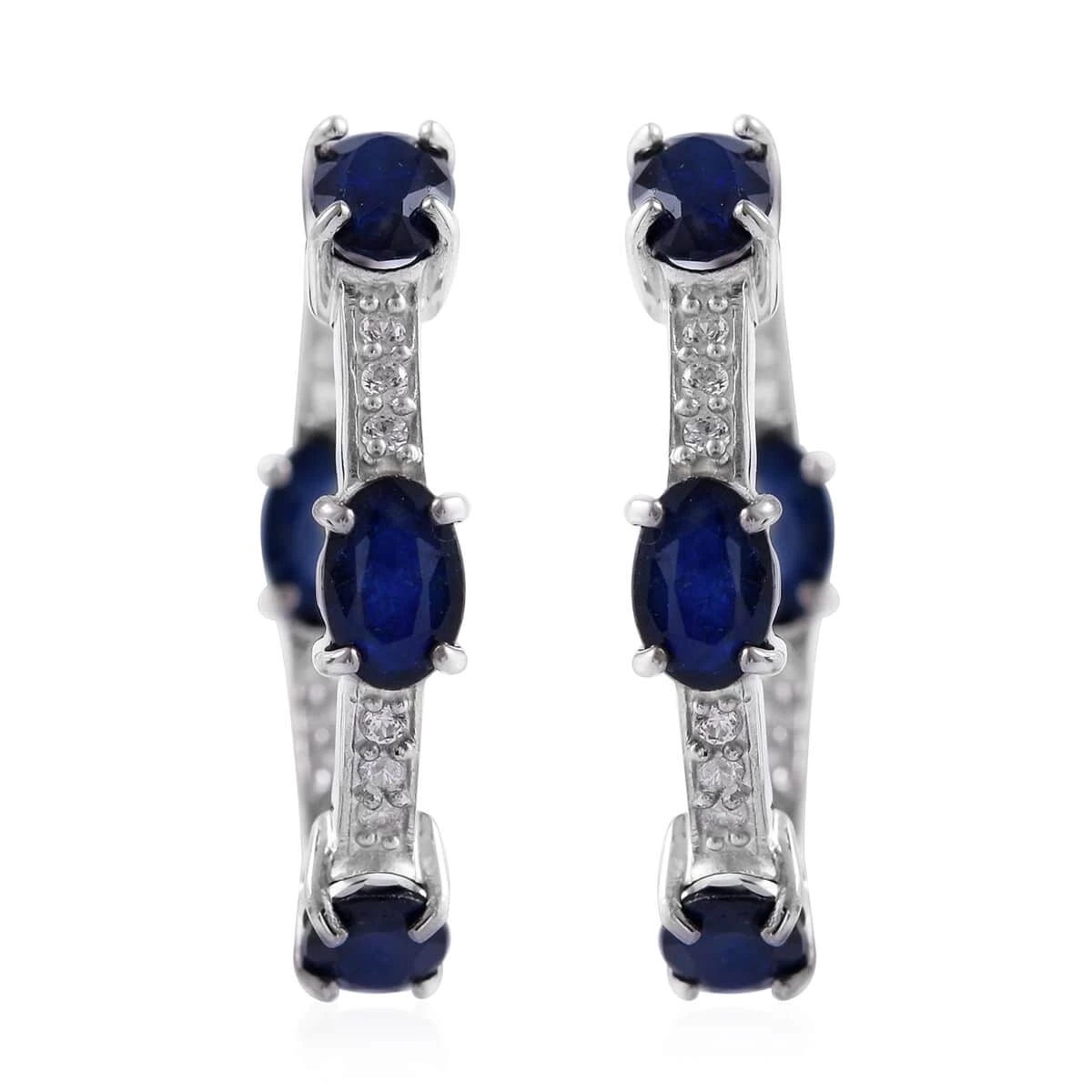 Madagascar Blue Sapphire (DF) And White Zircon Hoop Earrings In Platinum Over Sterling Silver 4.85 Ctw 3 Madagascar Blue Sapphire (DF) And White Zircon Hoop Earrings In Platinum Over Sterling Silver 4.85 Ctw