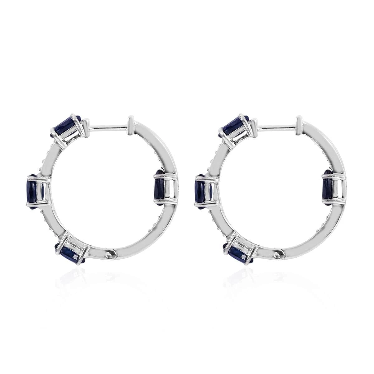 Madagascar Blue Sapphire (DF) And White Zircon Hoop Earrings In Platinum Over Sterling Silver 4.85 Ctw 5 Madagascar Blue Sapphire (DF) And White Zircon Hoop Earrings In Platinum Over Sterling Silver 4.85 Ctw - Image 3