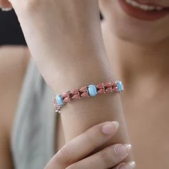 Sleeping Beauty Turquoise And Oregon Peach Opal Bracelet In Platinum Over Sterling Silver (6.50 In) 19.10 Ctw -Jewelry store 7570028 2