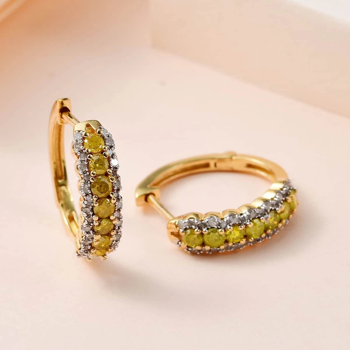 Yellow And White Diamond Hoop Earrings In Vermeil Yellow Gold Over Sterling Silver 1.00 Ctw 4 Yellow And White Diamond Hoop Earrings In Vermeil Yellow Gold Over Sterling Silver 1.00 Ctw - Image 2