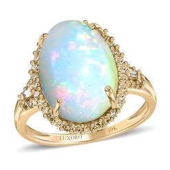 Luxoro 10K Yellow Gold AAA Ethiopian Welo Opal And I3 Natural Yellow Diamond Halo Ring 4.20 Ctw