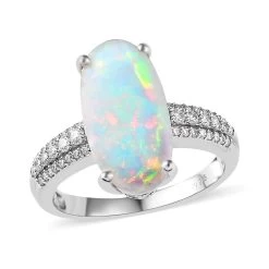 AAA Ethiopian Welo Opal And Moissanite Ring In Platinum Over Sterling Silver 3.00 Ctw