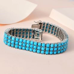 Premium Sleeping Beauty Turquoise Cluster Bracelet In Platinum Over Sterling Silver (8.00 In) 39.10 Ctw -Jewelry store 7575570 1