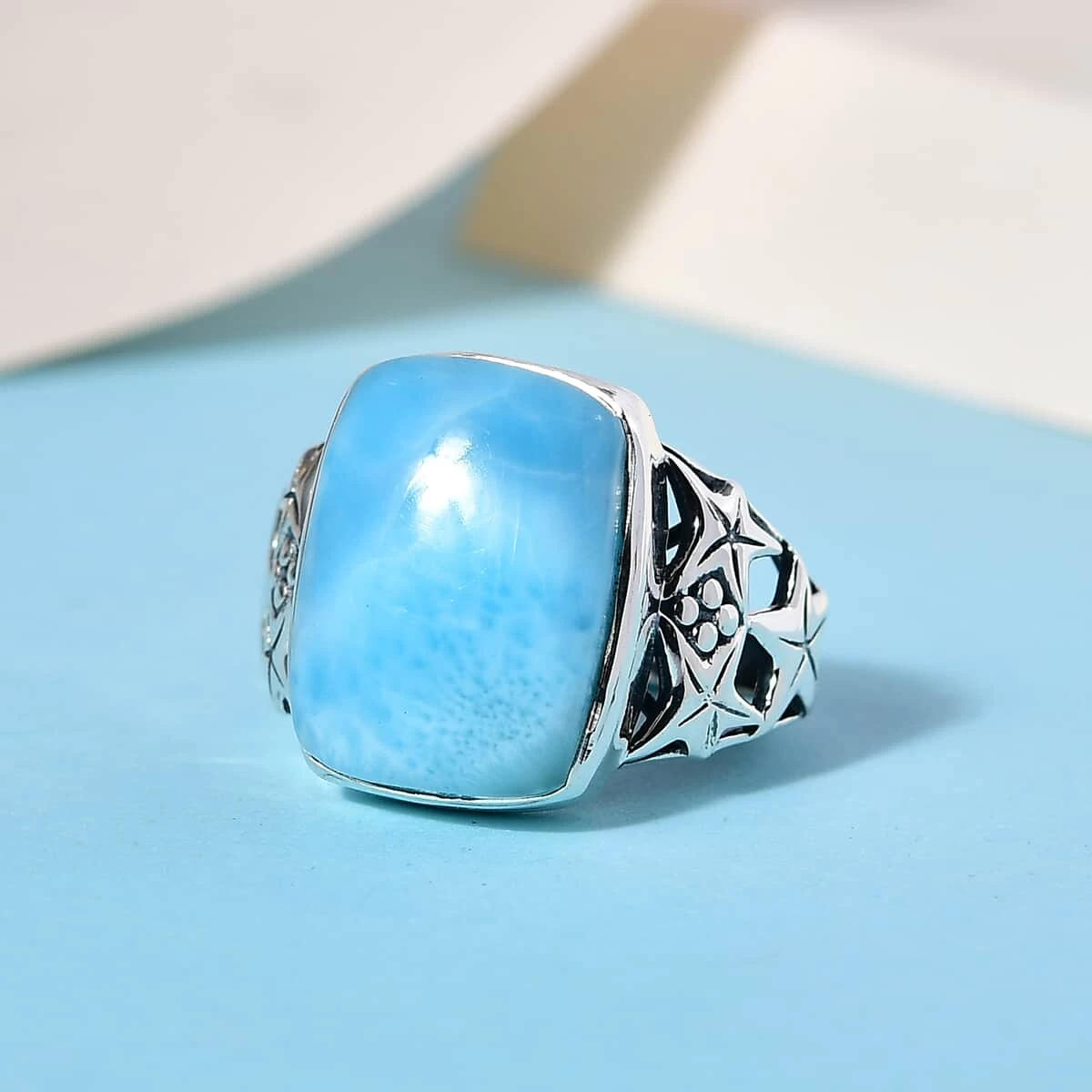 Larimar Solitaire Ring In Sterling Silver 13.10 Ctw 4 Larimar Solitaire Ring In Sterling Silver 13.10 Ctw - Image 2