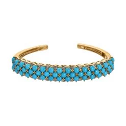 Premium Sleeping Beauty Turquoise And White Zircon Cuff Bracelet In Vermeil Yellow Gold Over Sterling Silver 14.15 Ctw