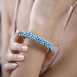 Premium Sleeping Beauty Turquoise And White Zircon Cuff Bracelet In Vermeil Yellow Gold Over Sterling Silver 14.15 Ctw -Jewelry store 7576801 2