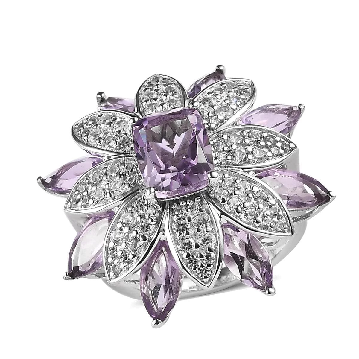 GP Italian Garden Collection Premium Rose De France Amethyst And White Zircon Floral Ring In Platinum Over Sterling Silver 7.65 Ctw 3 GP Italian Garden Collection Premium Rose De France Amethyst And White Zircon Floral Ring In Platinum Over Sterling Silver 7.65 Ctw