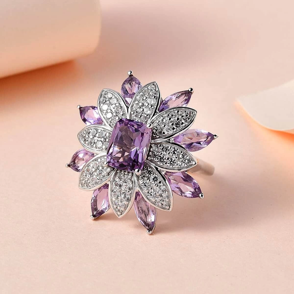 GP Italian Garden Collection Premium Rose De France Amethyst And White Zircon Floral Ring In Platinum Over Sterling Silver 7.65 Ctw 4 GP Italian Garden Collection Premium Rose De France Amethyst And White Zircon Floral Ring In Platinum Over Sterling Silver 7.65 Ctw - Image 2