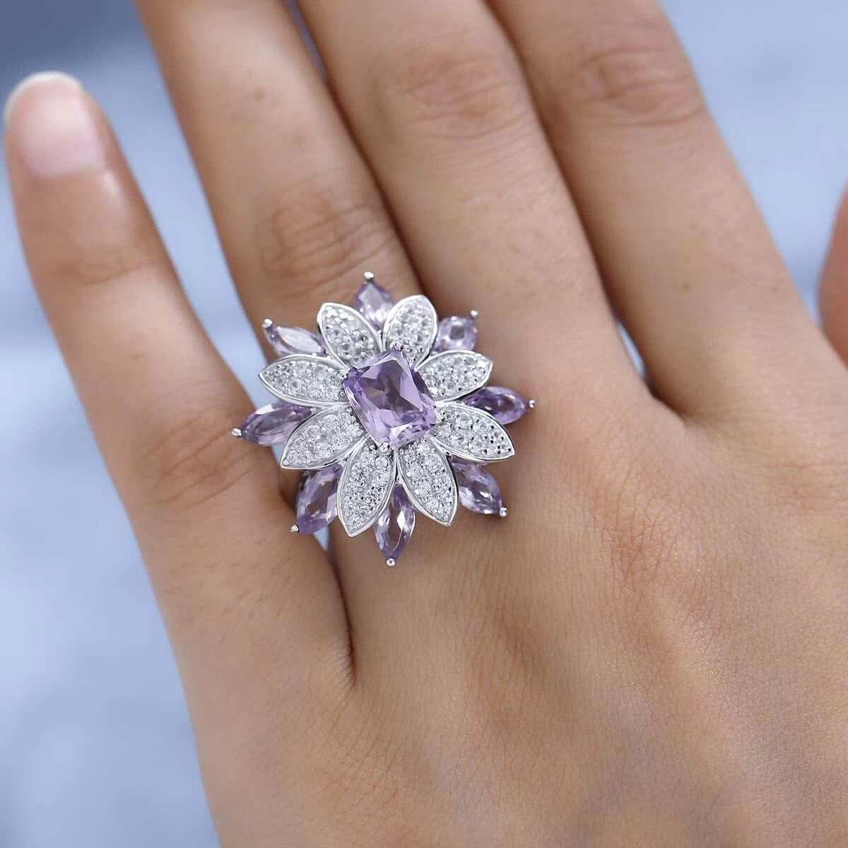 GP Italian Garden Collection Premium Rose De France Amethyst And White Zircon Floral Ring In Platinum Over Sterling Silver 7.65 Ctw 5 GP Italian Garden Collection Premium Rose De France Amethyst And White Zircon Floral Ring In Platinum Over Sterling Silver 7.65 Ctw - Image 3
