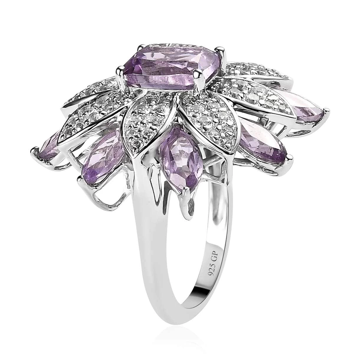 GP Italian Garden Collection Premium Rose De France Amethyst And White Zircon Floral Ring In Platinum Over Sterling Silver 7.65 Ctw 6 GP Italian Garden Collection Premium Rose De France Amethyst And White Zircon Floral Ring In Platinum Over Sterling Silver 7.65 Ctw - Image 4