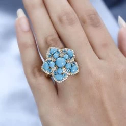 Premium Sleeping Beauty Turquoise And Multi Gemstone Floral Ring In Vermeil Yellow Gold Over Sterling Silver 6.25 Ctw -Jewelry store 7578990 2