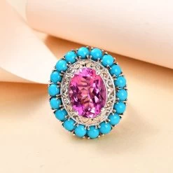 Radiant Orchid Quartz (Triplet) And Sleeping Beauty Turquoise Halo Ring In Vermeil RG And Platinum Over Sterling Silver 14.65 Ctw -Jewelry store 7579005 1