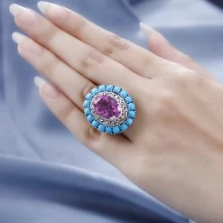Radiant Orchid Quartz (Triplet) And Sleeping Beauty Turquoise Halo Ring In Vermeil RG And Platinum Over Sterling Silver 14.65 Ctw -Jewelry store 7579005 2