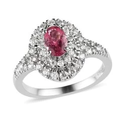 Ouro Fino Rubellite And Moissanite Double Halo Ring In Platinum Over Sterling Silver 0.75 Ctw