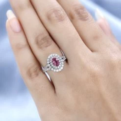 Ouro Fino Rubellite And Moissanite Double Halo Ring In Platinum Over Sterling Silver 0.75 Ctw -Jewelry store 7580873 2