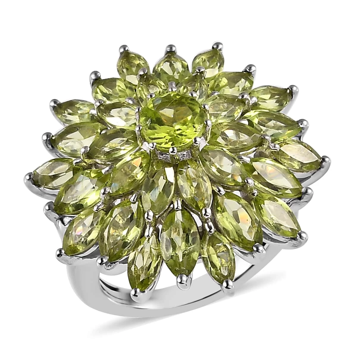 Premium Peridot Floral Spray Ring In Platinum Over Sterling Silver 6.40 Ctw 3 Premium Peridot Floral Spray Ring In Platinum Over Sterling Silver 6.40 Ctw