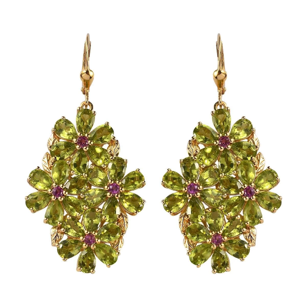 Premium Peridot And Orissa Rhodolite Garnet Lever Back Floral Earrings In Vermeil Yellow Gold Over Sterling Silver 20.60 Ctw 3 Premium Peridot And Orissa Rhodolite Garnet Lever Back Floral Earrings In Vermeil Yellow Gold Over Sterling Silver 20.60 Ctw