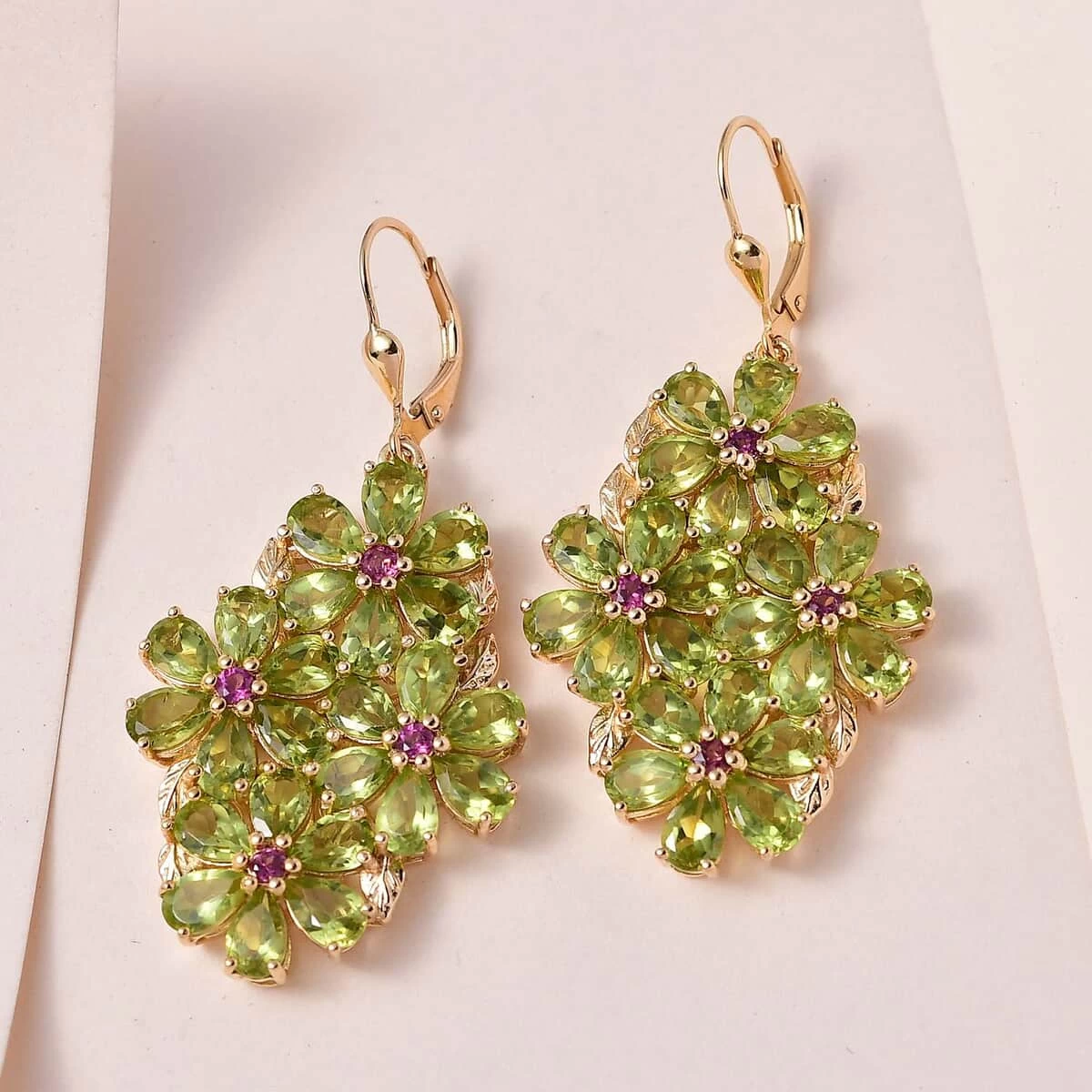 Premium Peridot And Orissa Rhodolite Garnet Lever Back Floral Earrings In Vermeil Yellow Gold Over Sterling Silver 20.60 Ctw 4 Premium Peridot And Orissa Rhodolite Garnet Lever Back Floral Earrings In Vermeil Yellow Gold Over Sterling Silver 20.60 Ctw - Image 2