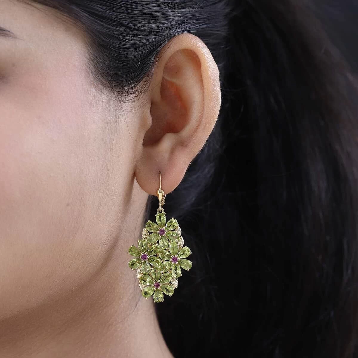 Premium Peridot And Orissa Rhodolite Garnet Lever Back Floral Earrings In Vermeil Yellow Gold Over Sterling Silver 20.60 Ctw 5 Premium Peridot And Orissa Rhodolite Garnet Lever Back Floral Earrings In Vermeil Yellow Gold Over Sterling Silver 20.60 Ctw - Image 3