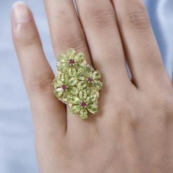 Premium Peridot And Multi Gemstone Floral Ring In Vermeil Yellow Gold Over Sterling Silver 10.60 Ctw -Jewelry store 7582159 2